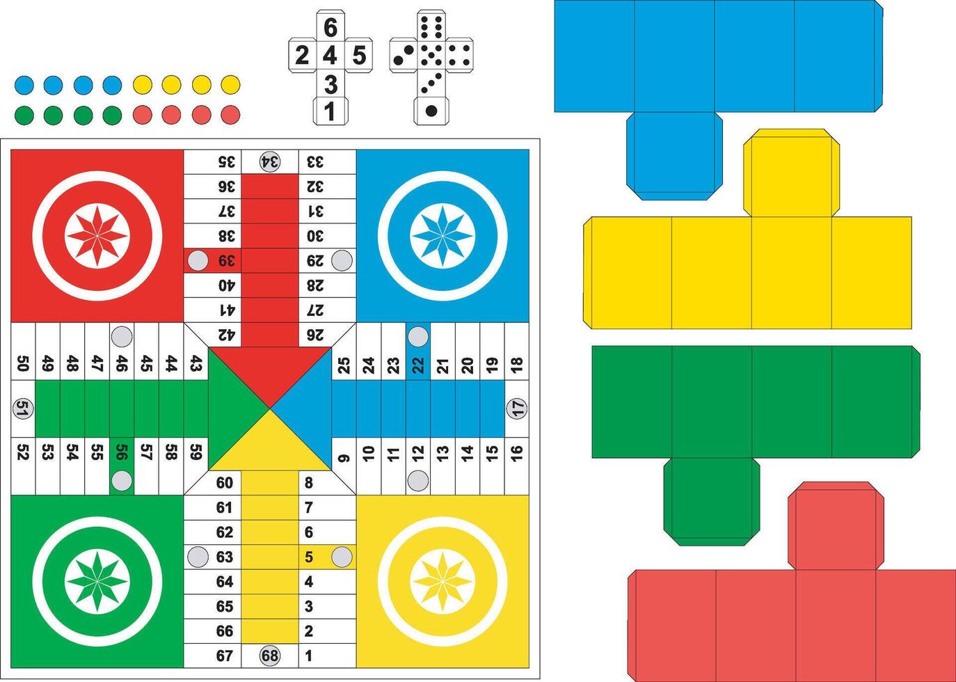 Printable Parcheesi board set family game for 4 players vector