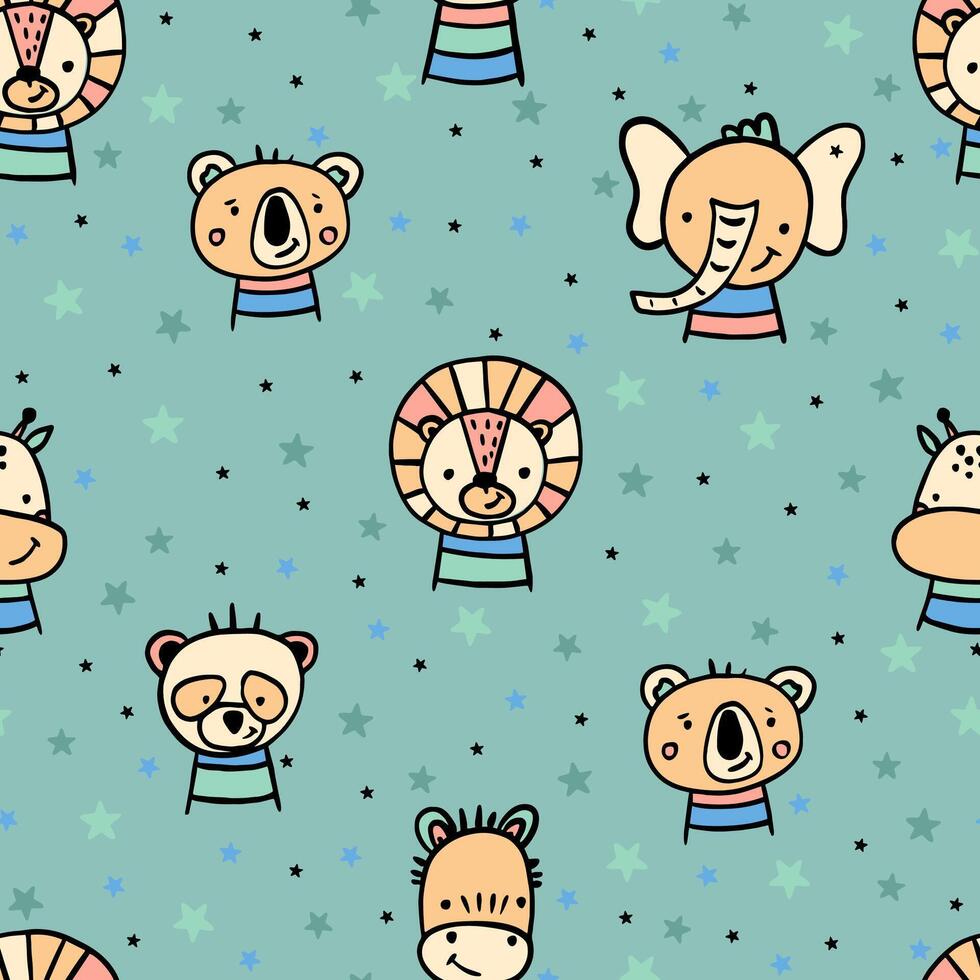 Seamless different animals with stars in doodle style. vector