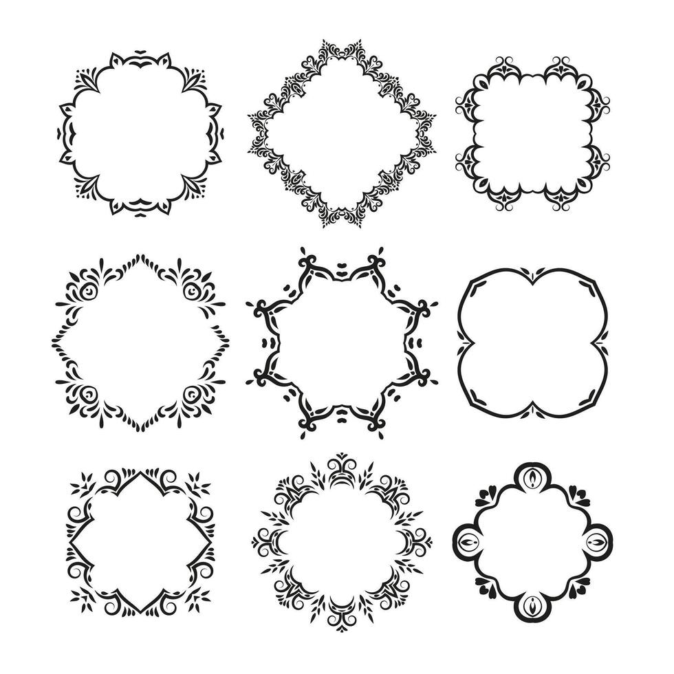 Set of decorative ornate frames. Collection of frames of different shapes, including circles, squares, and diamonds, with unique ornamental design for invitations, labels, cards, decoration. vector