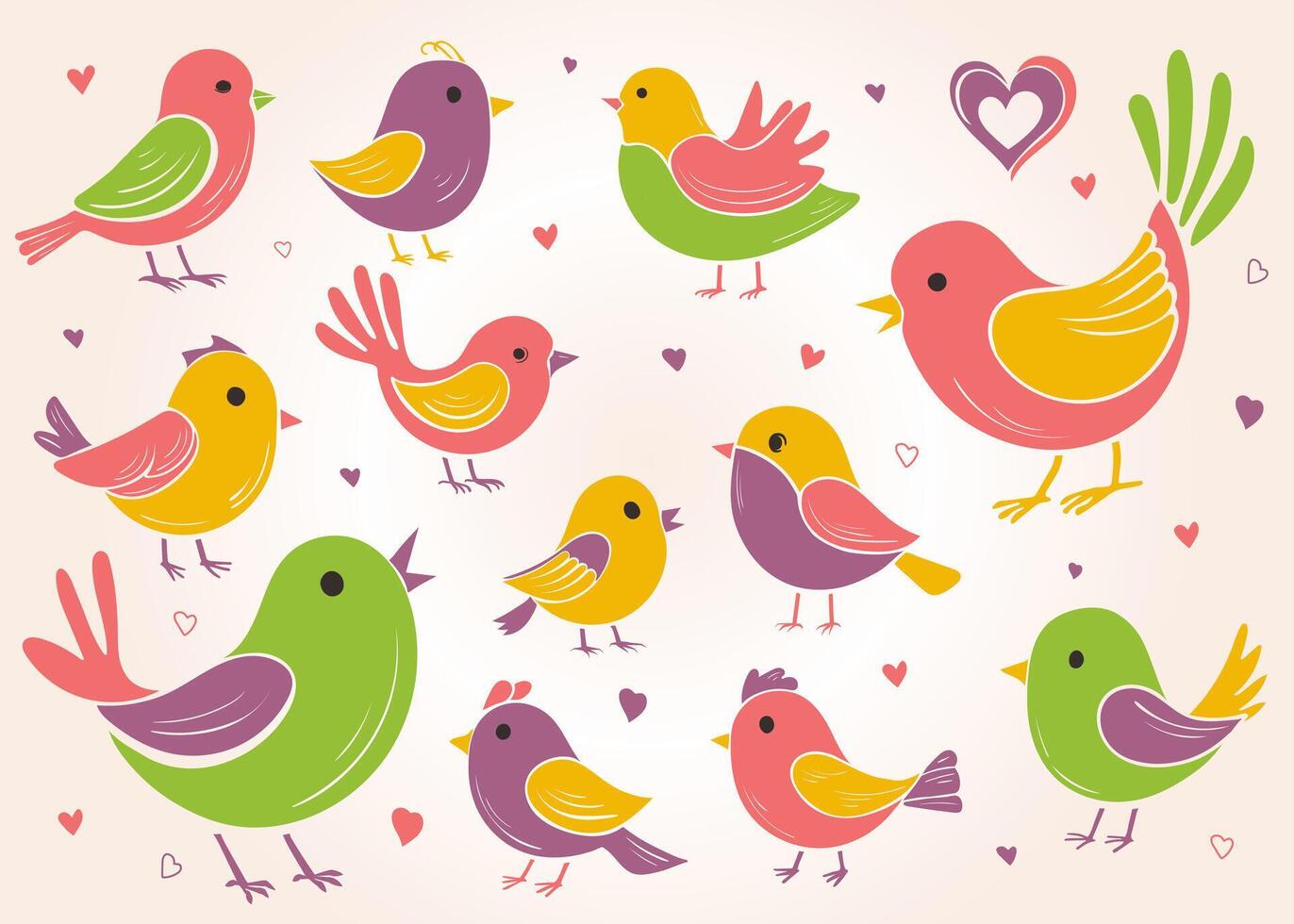 Set of stylized colorful birds. Flat hand drawn little birds of different shapes and colors. Playful cheerful birds for springtime design, decoration, scrapbook vector