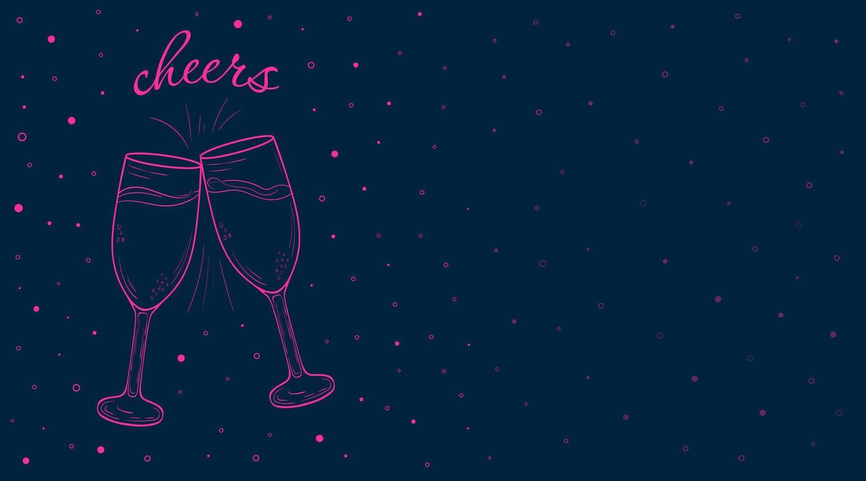 Hand drawn poster of clinking champagne glasses. Two wine glasses with bubbles and confetti around them . Cheers card on blue background with place for text for greeting cards, wedding, invitation vector