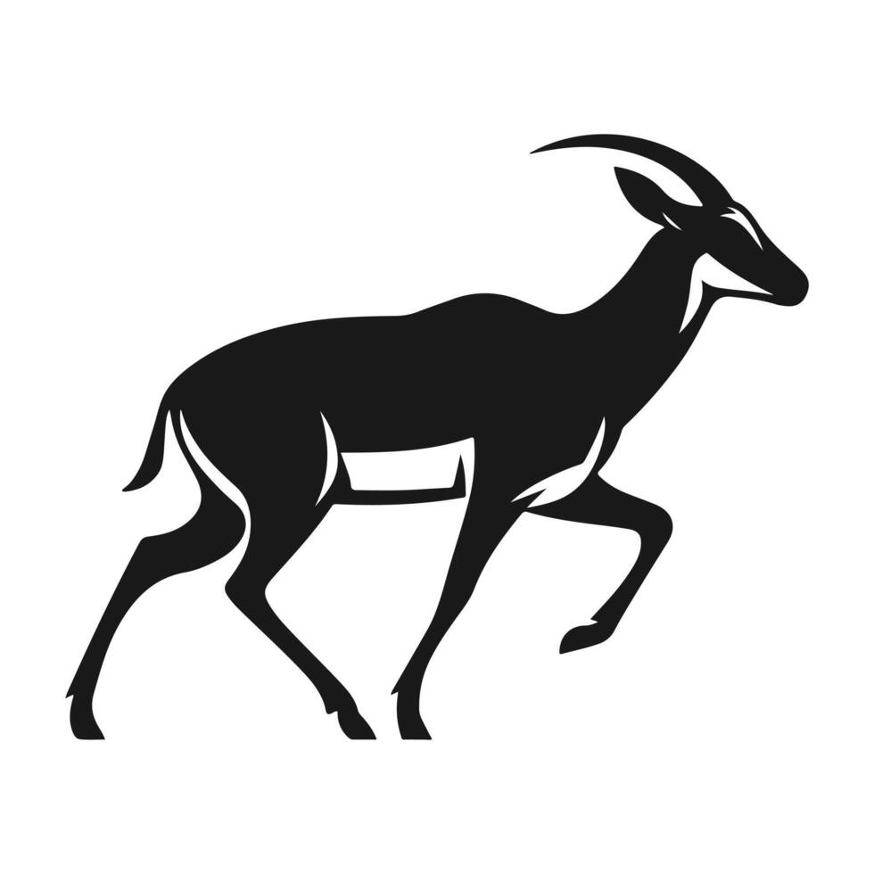 A sleek and elegant black antelope silhouette, showcasing its slender body and curved horns against a crisp white background. vector