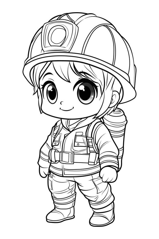 Firefighter in protective gear holding a hose, ready to extinguish fires. Simple and detailed design for coloring. vector