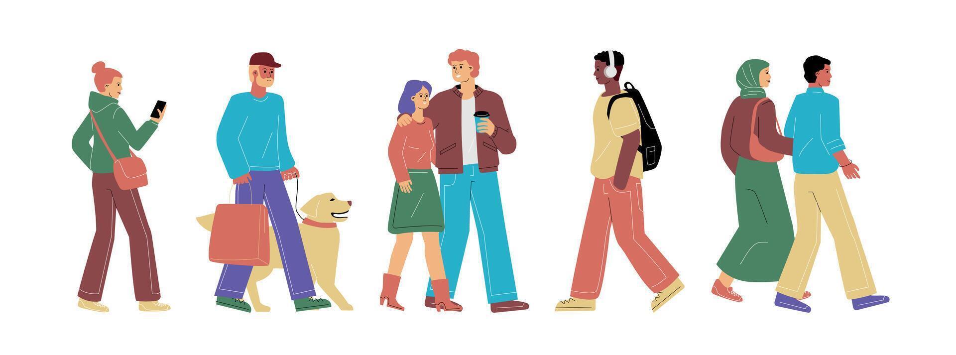 A horizontal hand-drawn crowd of different people walking in pairs and singly towards each other. A symbol of a multiracial equal society. vector