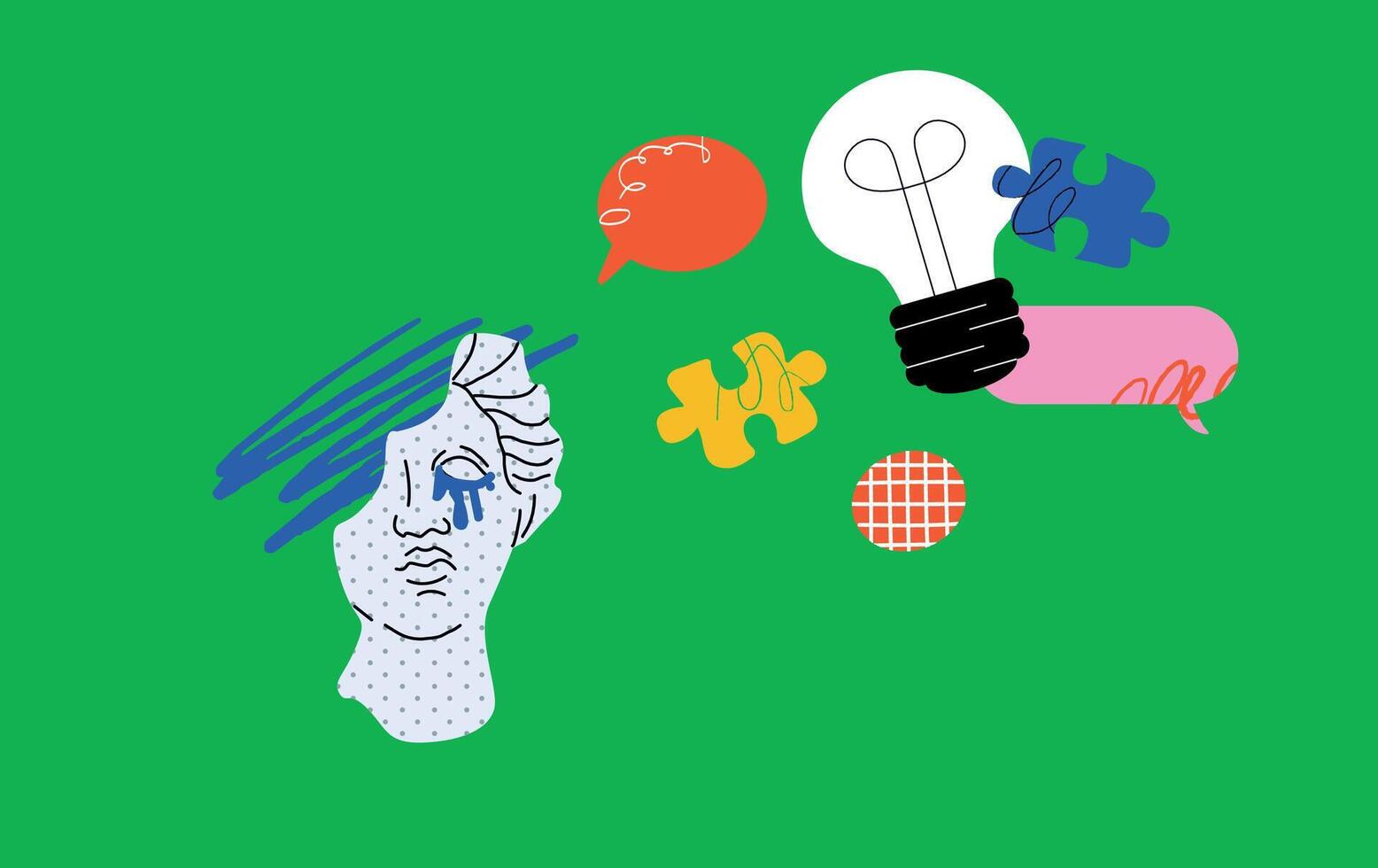 An antique bust with a crying face with a light bulb and a mess of abstract figures. A symbol of creativity, the search for new ideas and imagination. vector