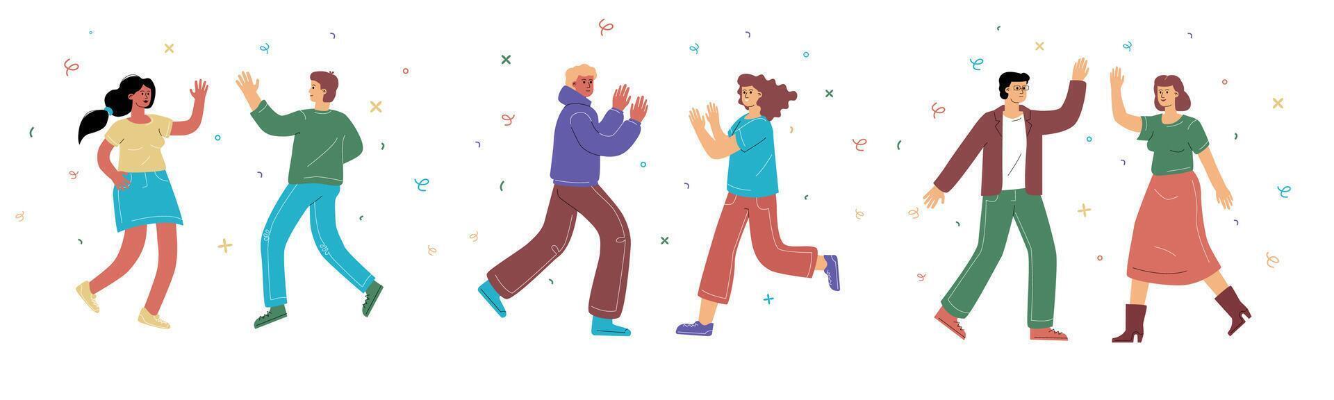 A hand-drawn collection of different people high-fiving each other and celebrating. A symbol of partnership, connection and union. vector
