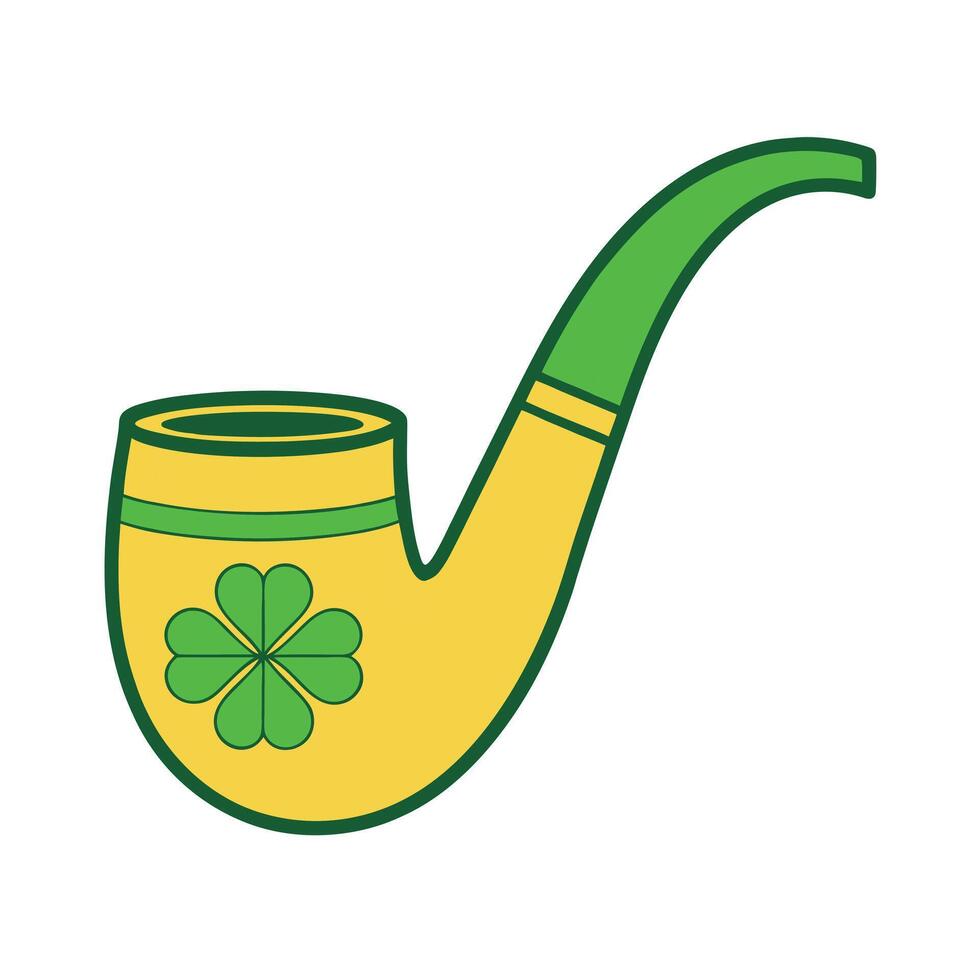 A yellow tobacco pipe with green stem and shamrock design. St. Patricks Day themed, simple cartoon illustration. vector