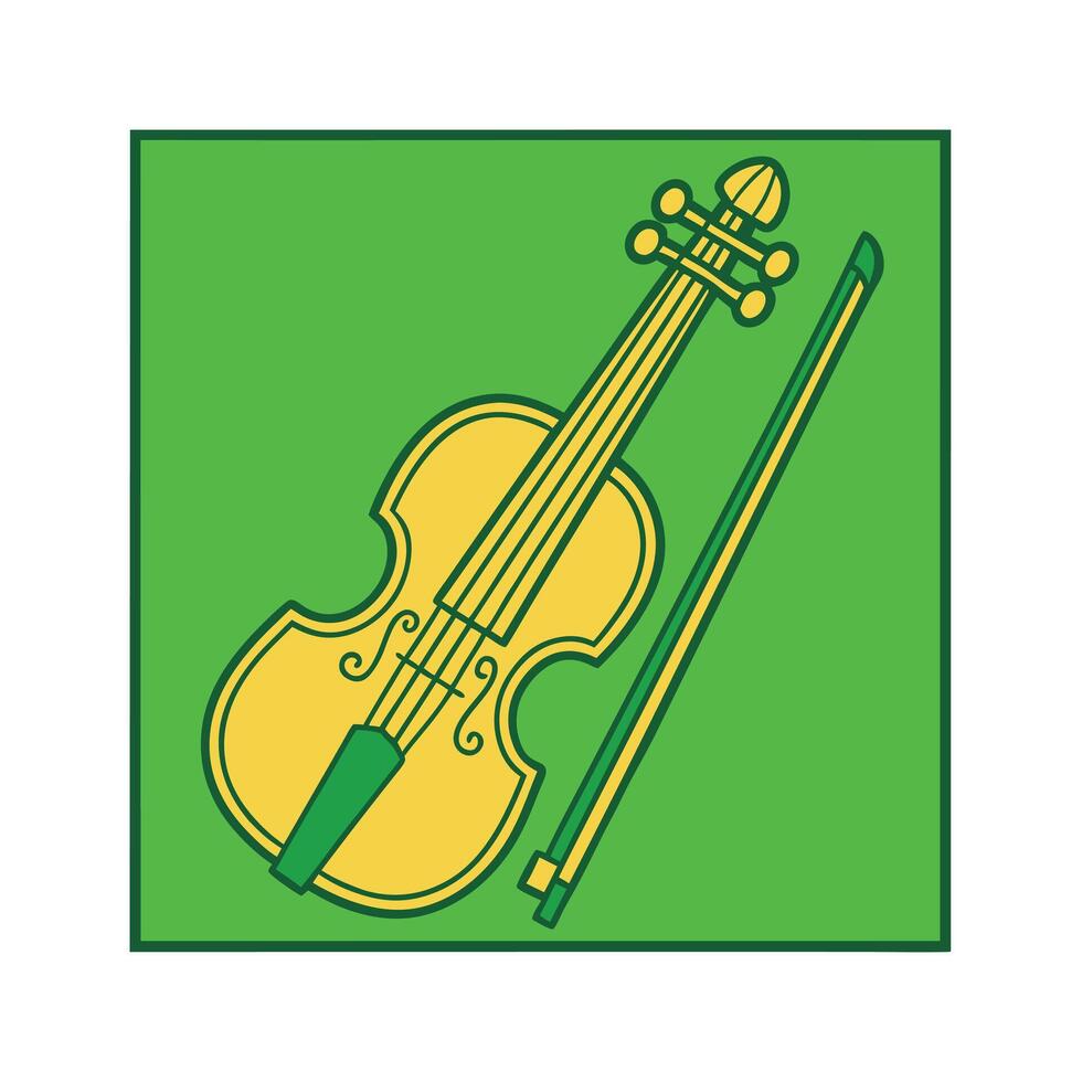 A simple illustration depicts a yellow violin and its bow against a green square background. The style is clean and minimalist, suitable for musical themes. vector