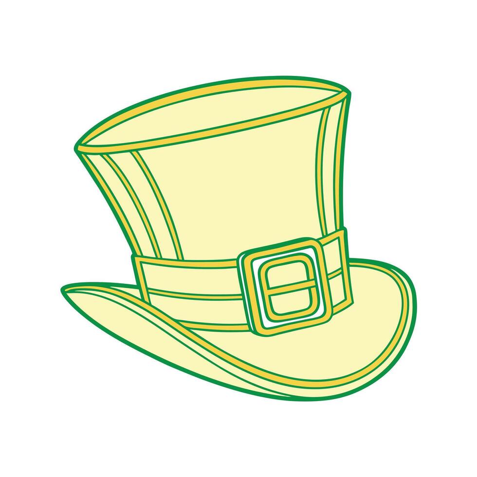 A cartoon illustration of a leprechauns hat, pale yellow with green outlines, featuring a gold buckle. Its a festive design ideal for St. Patrick's Day celebrations. vector