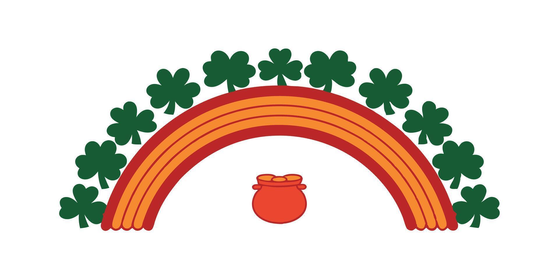 A vibrant rainbow arched over shamrocks, concealing a pot of gold. Classic St. Patrick's Day imagery, simple yet festive design. vector