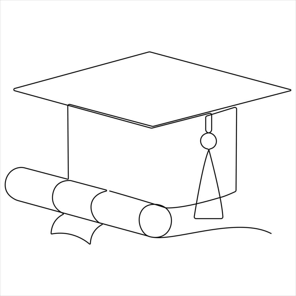 Graduation Cap and Diploma Paper oneline drawing simple outline style illustration vector