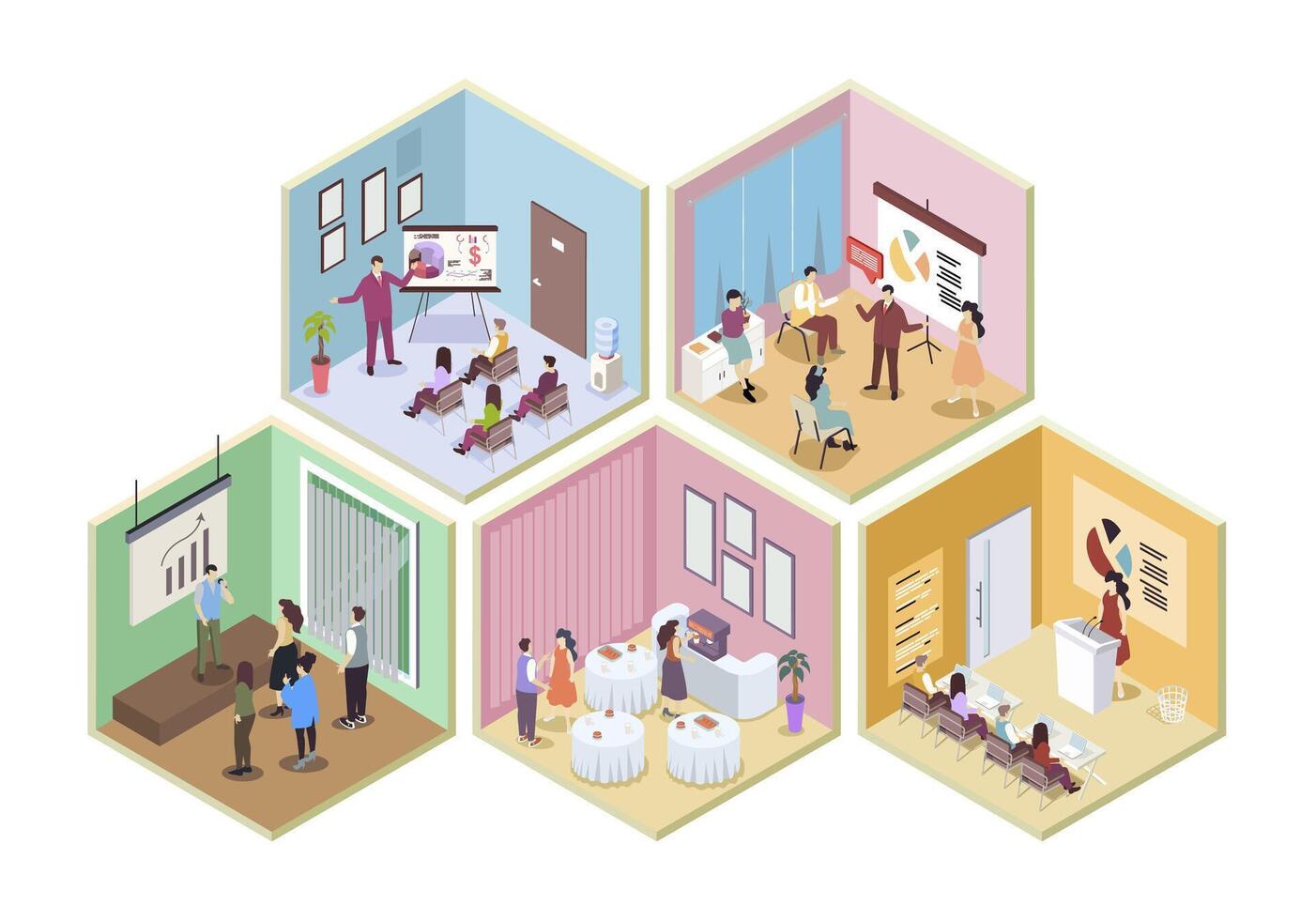 Business training 3d isometric rooms concept in isometry graphic design for web. People learning at conference hall, meeting and coaching, teacher making presentation in class. illustration. vector