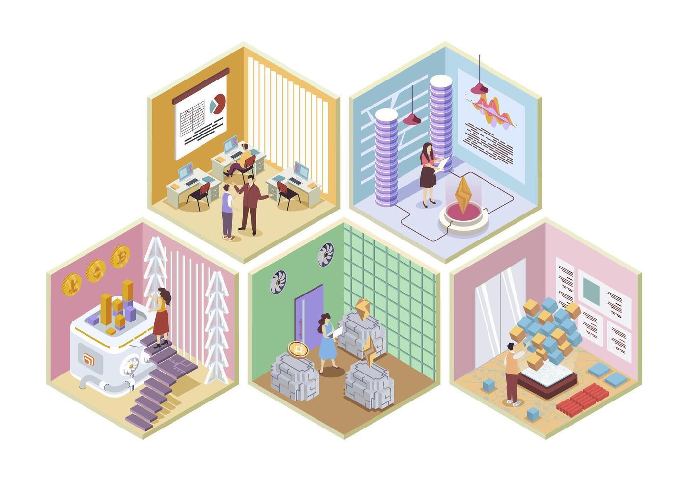 Cryptocurrency market 3d isometric rooms concept in isometry graphic design for web. People working in abstract crypto farms with blockchain, making analytics, trading bitcoins. illustration. vector