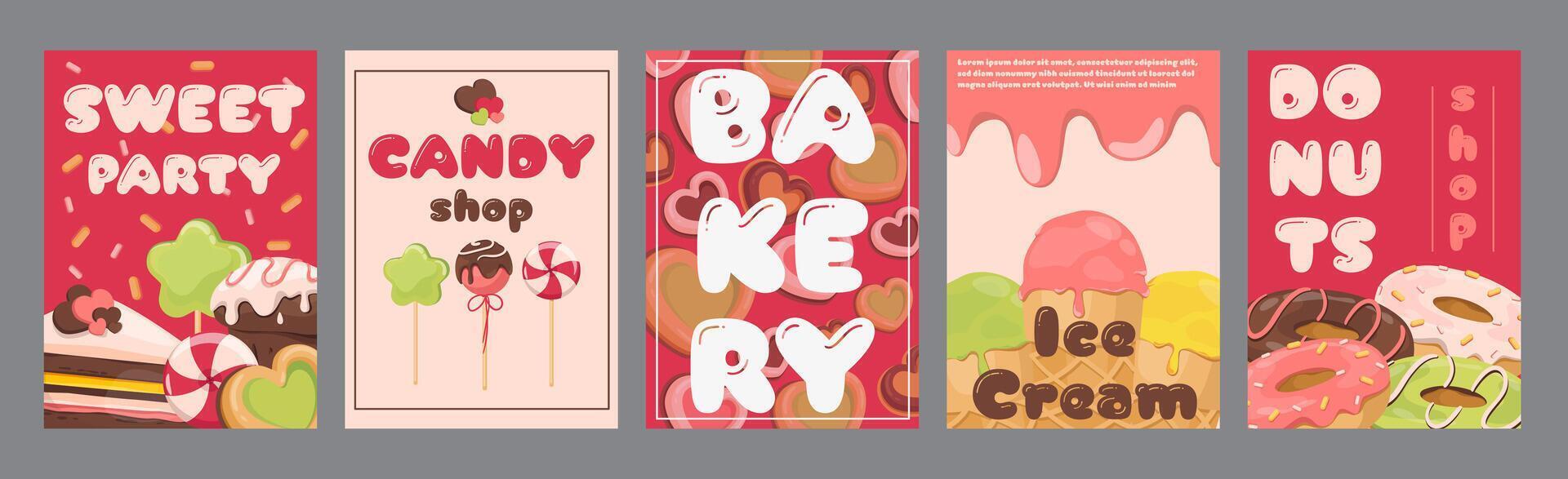 Candy shop typography template posters. Vertical covers with icing cookies, lollipops, sugar cakes, delicious desserts for sweet party. Modern banners set in minimalism design. illustration. vector