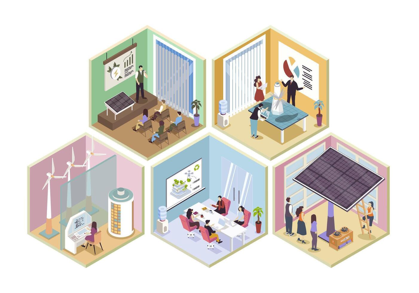 Green energy 3d isometric rooms concept in isometry graphic design for web. People using alternative sources generation with solar panels, wind turbines, meeting in conference. illustration. vector