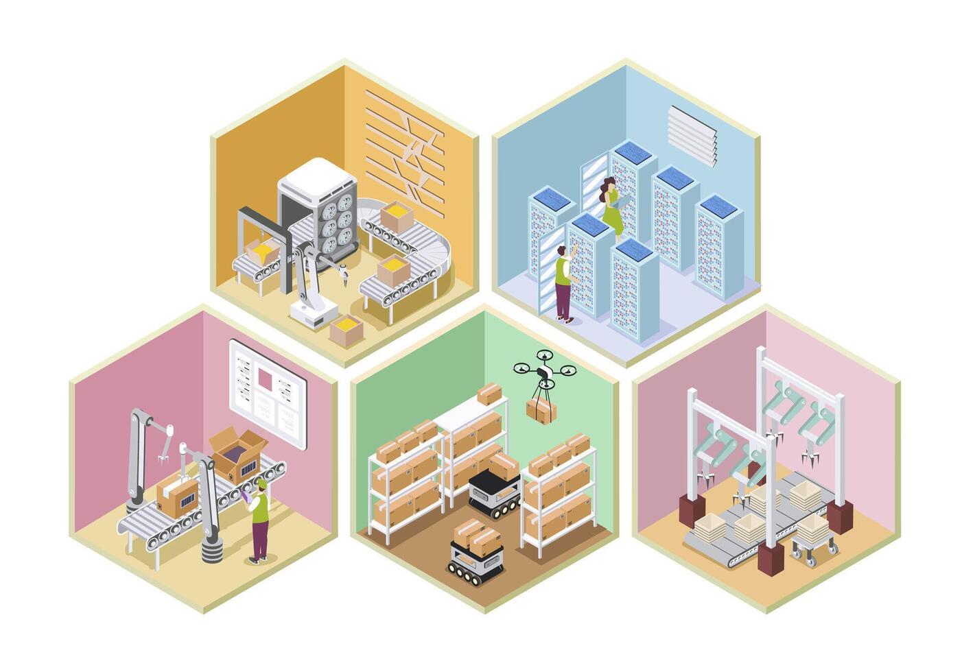 Automated industry 3d isometric rooms concept in isometry graphic design for web. People working in conveyor lines with robotic arms on packing boxes, controlling at server racks. illustration. vector