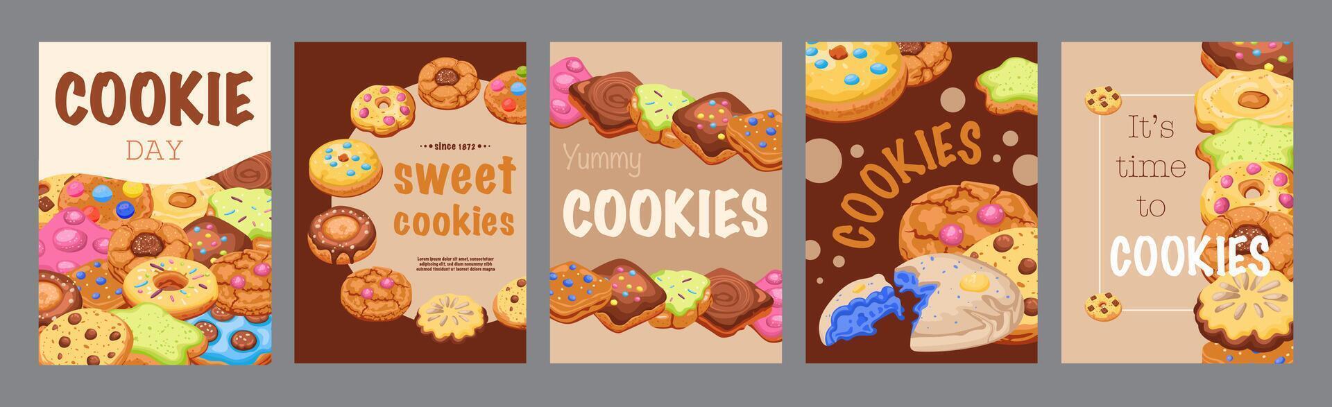 Cookie day typography template posters. Vertical covers with homemade sweets with chips, delicious desserts, bakery and pastry menu. Modern banners set in minimalism design. illustration. vector