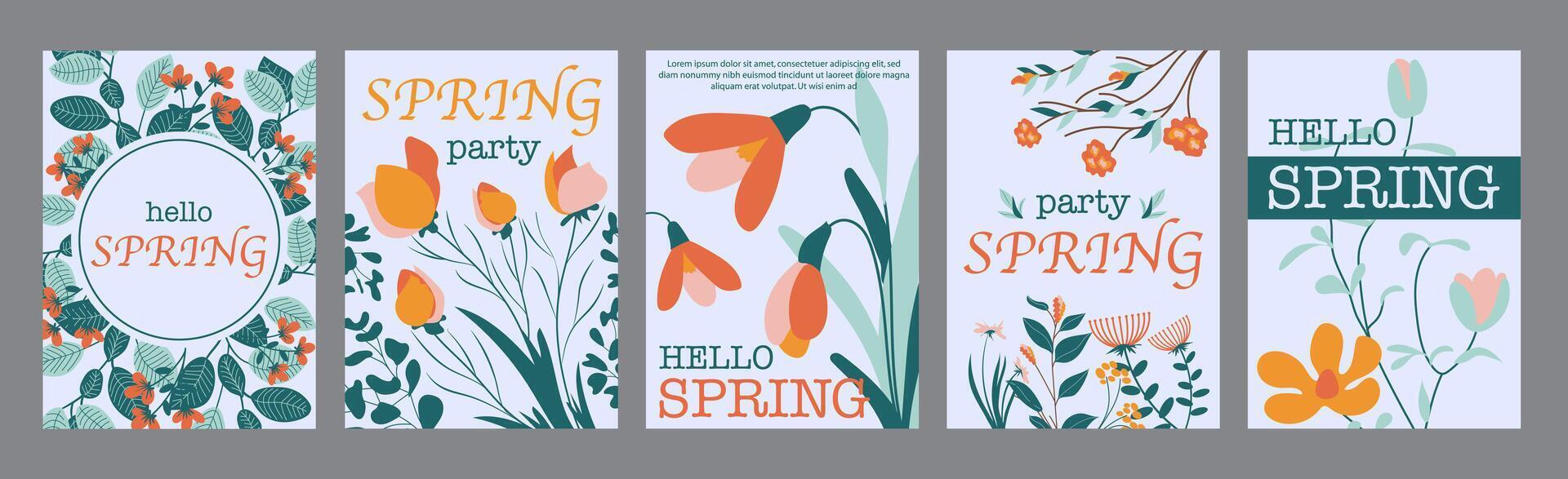 Spring flowers typography template posters. Vertical covers with beautiful colourful blossoms, snowdrops and tulips, wildflowers bouquet. Modern banners set in minimalism design. illustration. vector