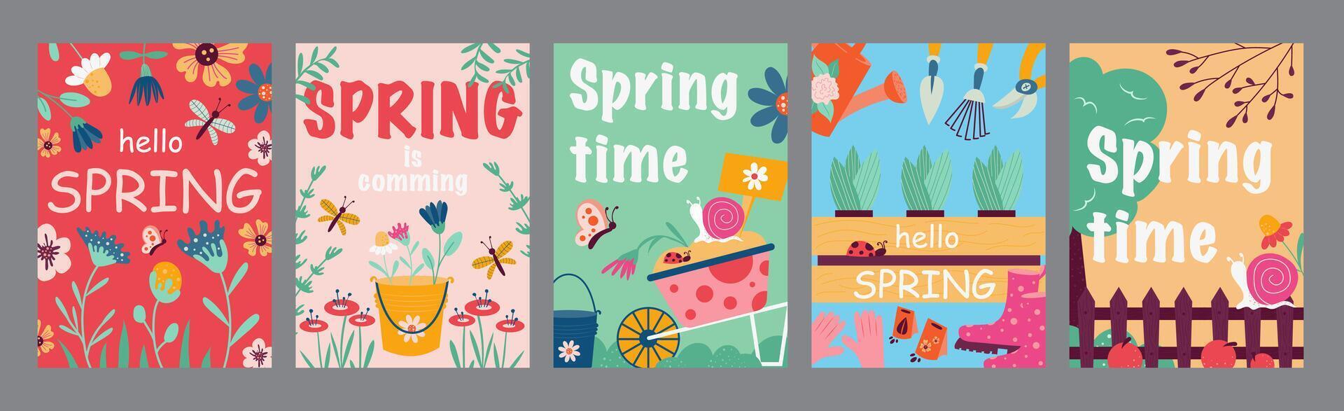 Hello spring time typography template posters. Vertical covers with springtime flowers, wheelbarrow, buckets, season gardening tools. Modern banners set in minimalism design. illustration. vector