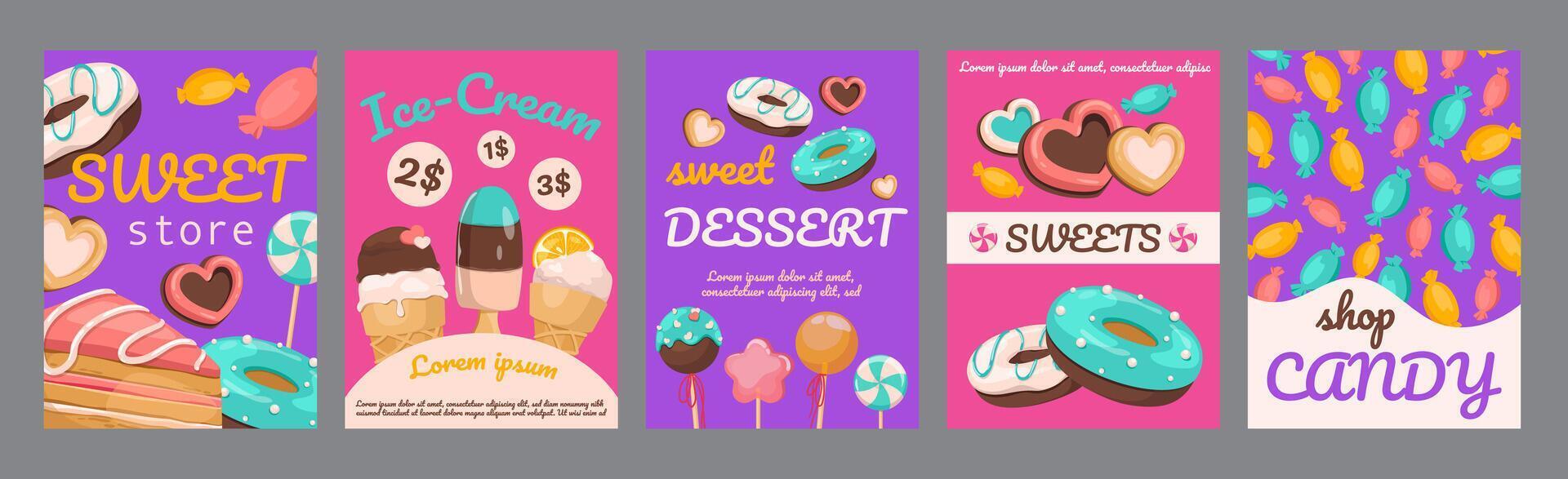 Sweets store typography template posters. Vertical covers with icing cookies, ice cream, lollipops, cakes, delicious desserts and pastry. Modern banners set in minimalism design. illustration. vector
