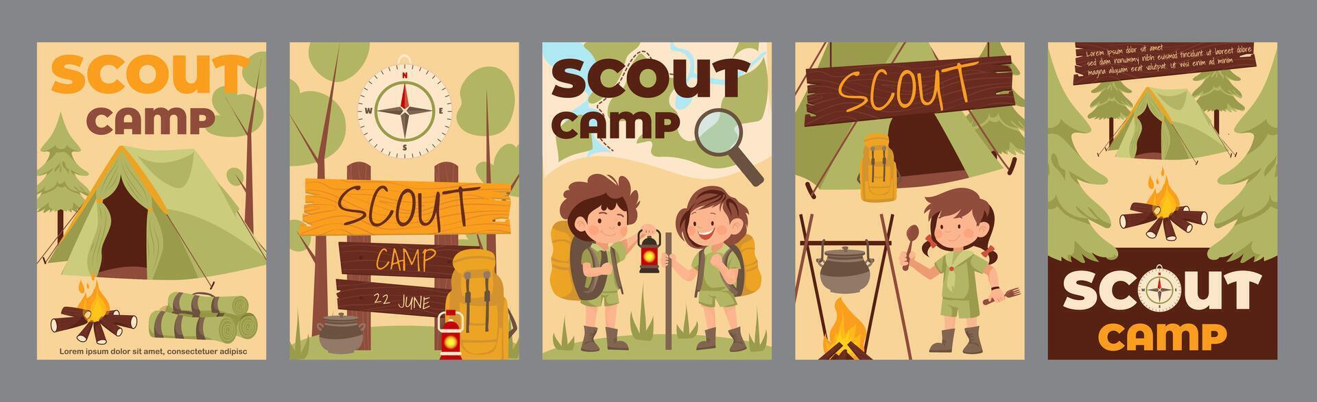 Scouts camp typography template posters. Vertical covers with cute boys and girls in uniform hiking, exploring forest in campfire event. Modern banners set in minimalism design. illustration. vector