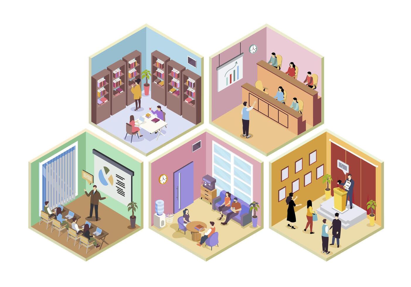 University 3d isometric rooms concept in isometry graphic design for web. People learning auditorium, students studying in library, listening lectures and professor seminars. illustration. vector