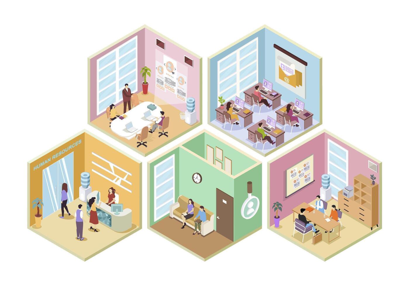 HR agency 3d isometric rooms concept in isometry graphic design for web. People registreting at reception, waiting in hall, managers works at office, interviewing recruiters. illustration. vector