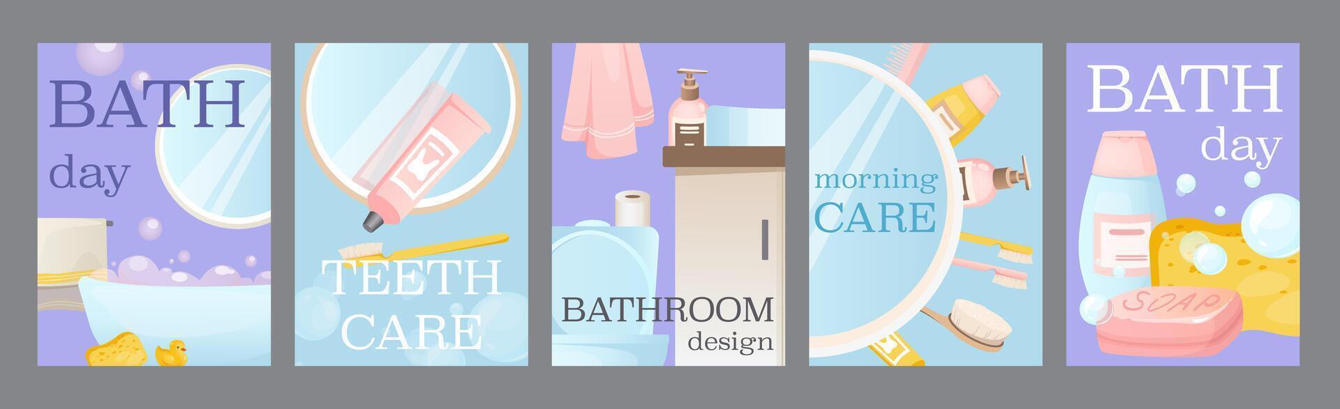 Bath day typography template posters. Vertical covers with bathroom tub, morning teeth care, soap foam, shampoo, towel, toothpaste, other. Modern banners set in minimalism design. illustration. vector