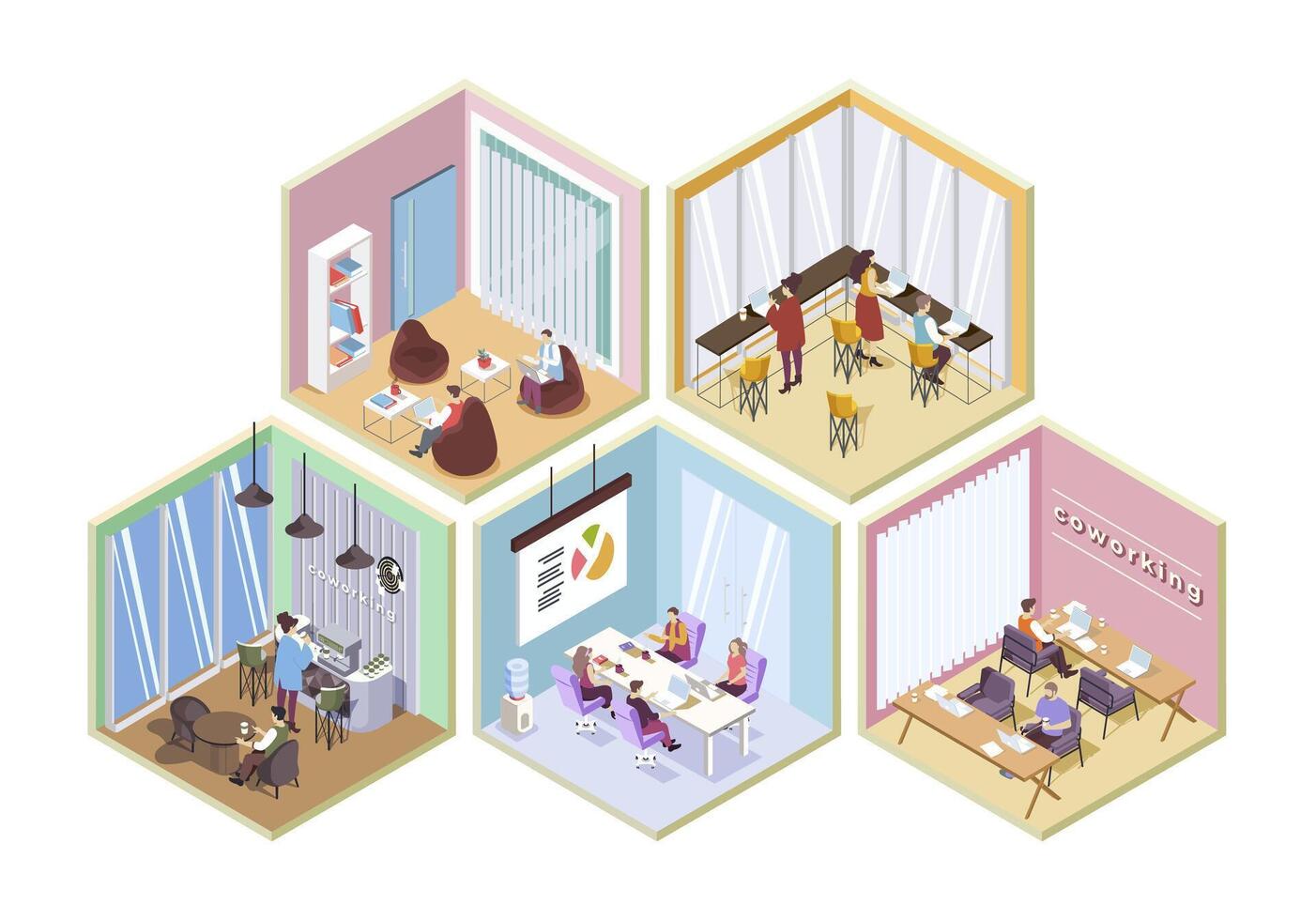 Coworking space 3d isometric rooms concept in isometry graphic design for web. People working in open offices, meeting at conference halls, workflow in departments, coffee break. illustration. vector