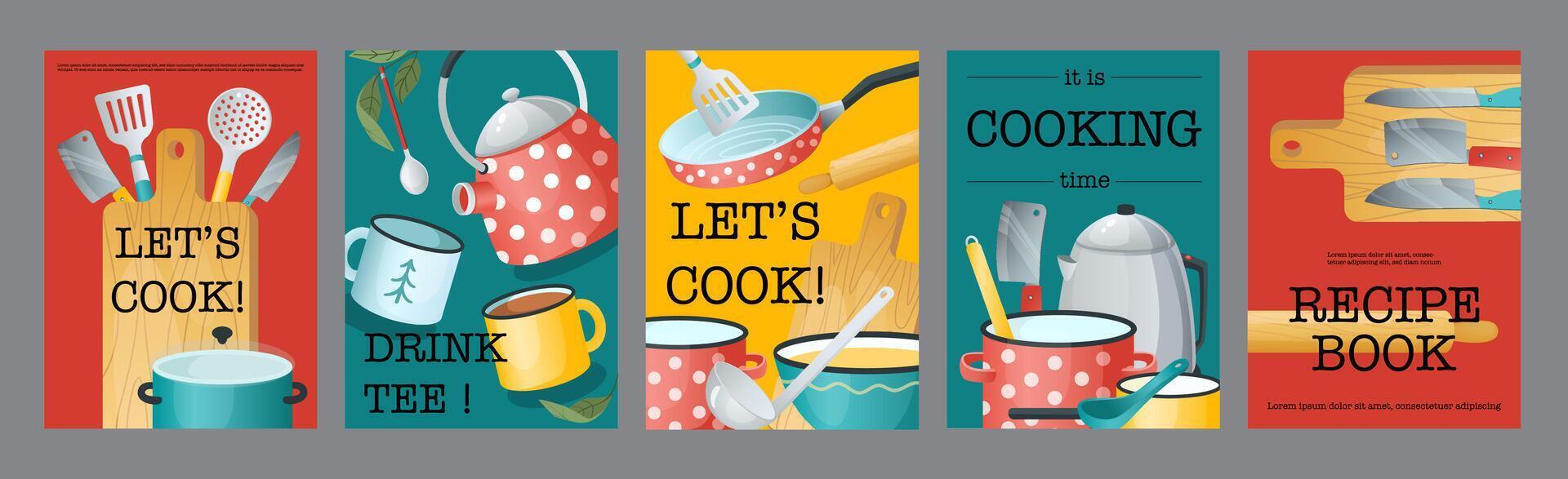 Cook time typography template posters. Vertical covers with kitchen utensil, recipe book, teapot, cutlery, saucepan, frying pan, other. Modern banners set in minimalism design. illustration. vector