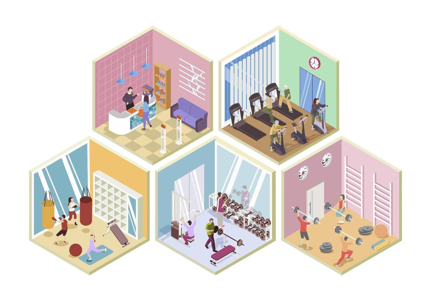 Fitness gym 3d isometric rooms concept in isometry graphic design for web. People registering at sport club reception, training at treadmills, boxing or weightlifting, doing yoga. illustration. vector