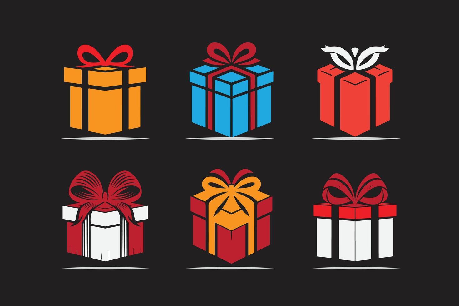 gift box icons arranged in a grid pattern. Each gift box has a unique design and pattern, including stripes, polka dots, and solid colors vector