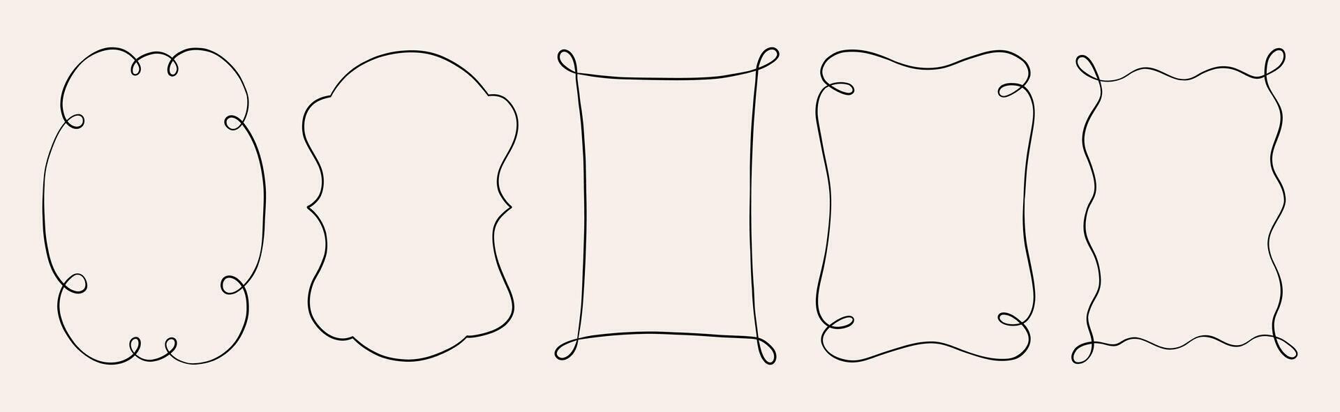 Set of elegant hand drawn doodle rectangle frames. Simple outlines featuring wavy and curly lines. Perfect for designing cards, invitations, and creative projects vector
