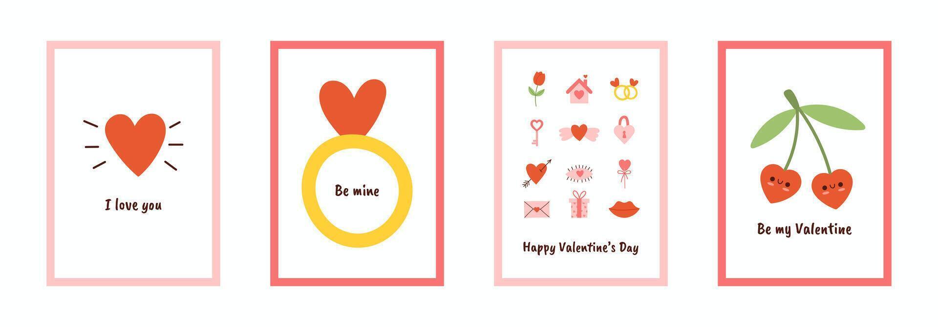 Set of four minimalist simple valentine day posters. Hand drawn illustration vector