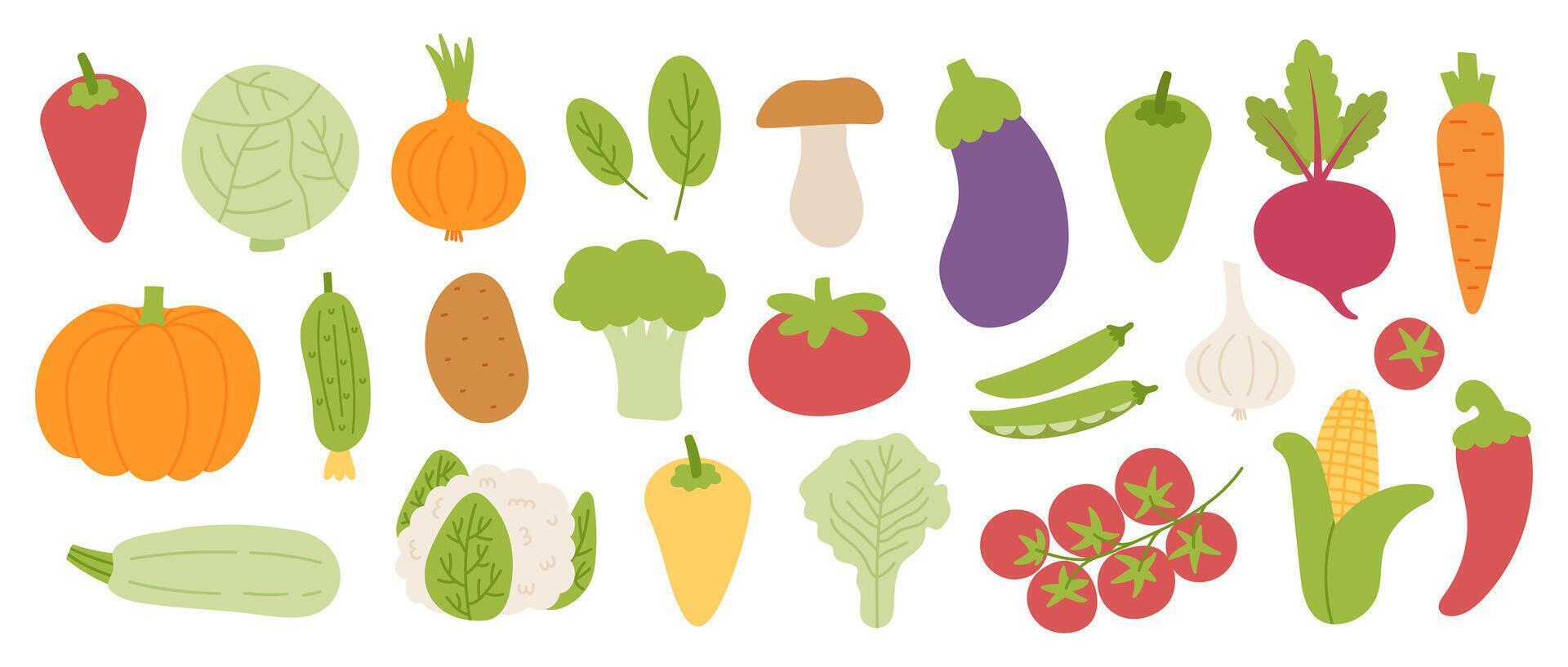 Set of colorful simple abstract vegetables and mushroom. Vegetarian organic food icon. Hand drawn illustration for healthy eating, vegan lifestyle, and fresh nutrition designs vector