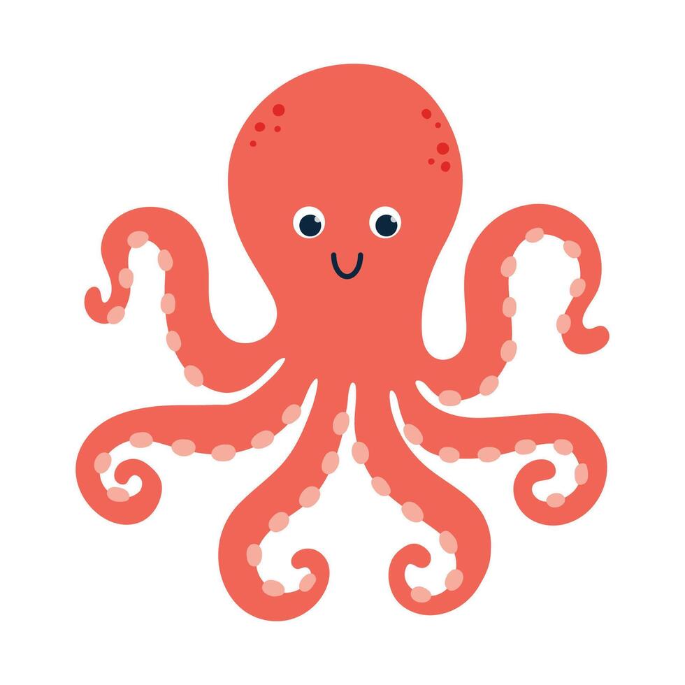 Kawaii red octopus character, big round eyes, wide, smiling face, cheerful expression. Cute sea animal with soft, rounded features. Naive cartoon illustration, ideal for childrens designs vector