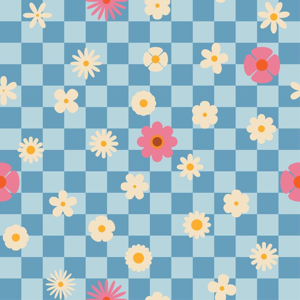 Seamless retro groovy checkered pattern with floral elements. Simple 1970s-style flowers in a doodle design. Perfect for fabric, wrapping paper, wallpaper, and fashion prints. vector
