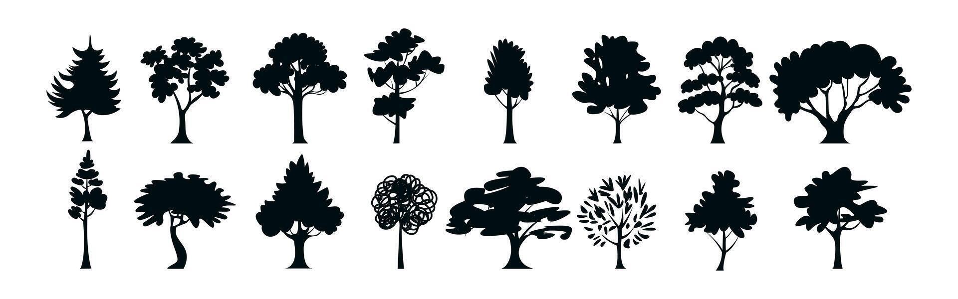 Set of black tree silhouettes. Hand-drawn illustrations featuring various tree shapes, isolated on a white background. vector