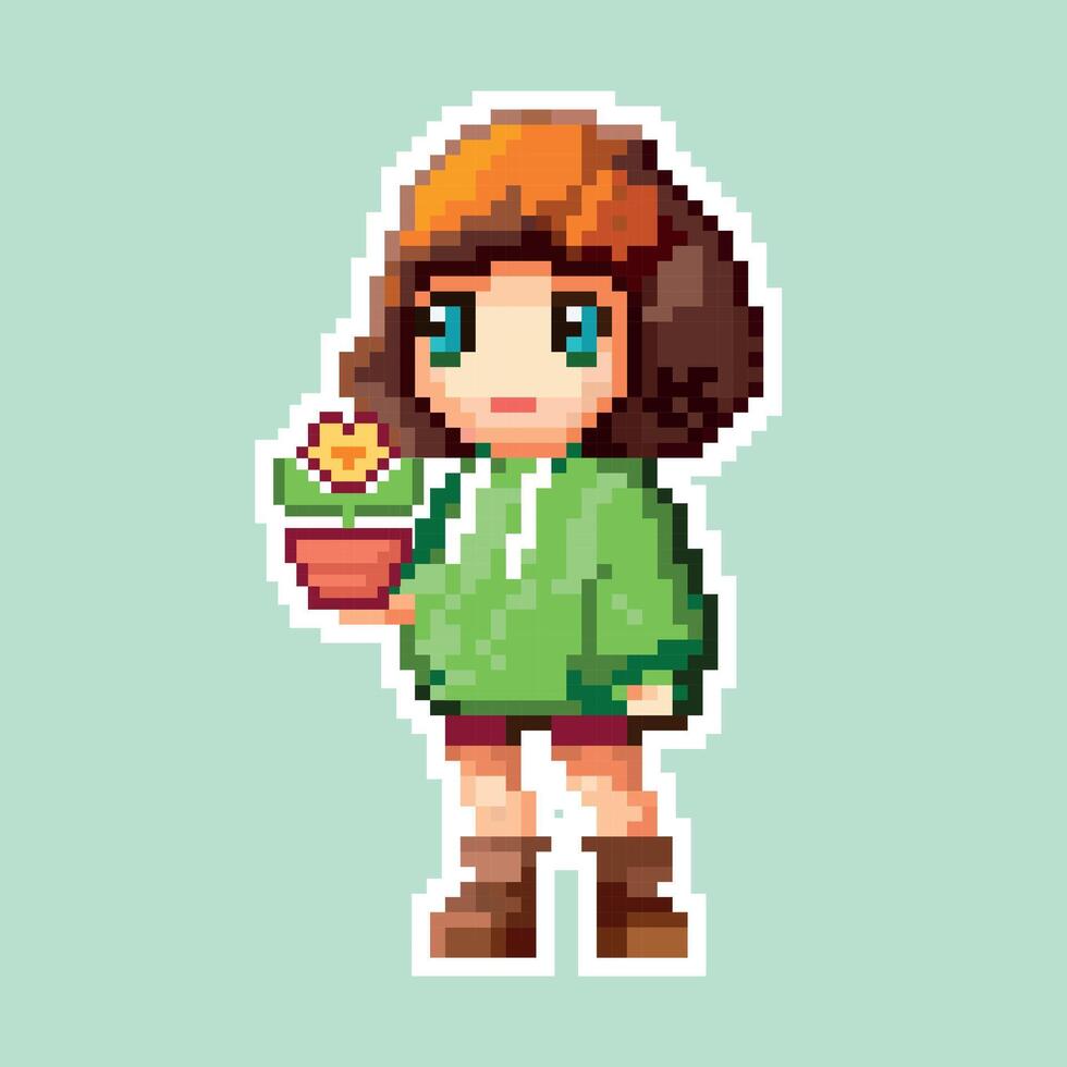 8-bit pixel art of a female character. Pixel girl holding a flower. Anime-style girl in illustration, perfect for game assets or cross-stitch patterns. vector