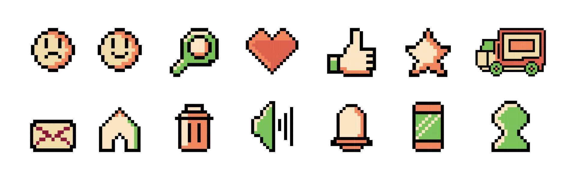 Colored 8-bit outline pixel art icons for website and mobile user interfaces. Icon set in a minimalist style. vector