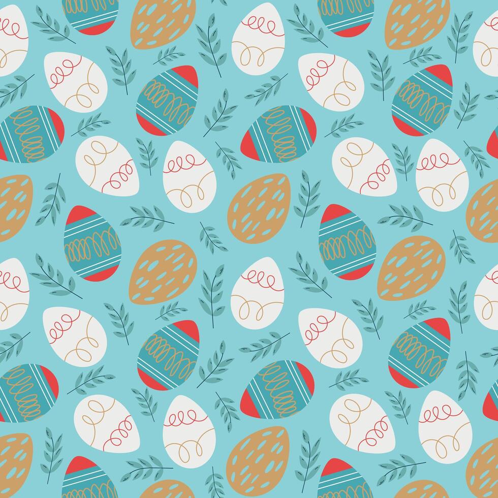 Seamless Easter pattern featuring Easter eggs and branches on a blue background. Cute flat-style design, perfect for spring-themed projects and holiday decorations. vector