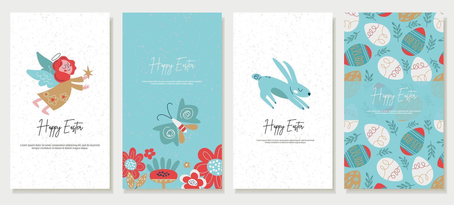 Set of Easter greeting cards. Vertical banners featuring Easter eggs, bunny, and angel in a natural rustic style. Flat illustration, perfect for holiday designs, invitations,seasonal decorations vector