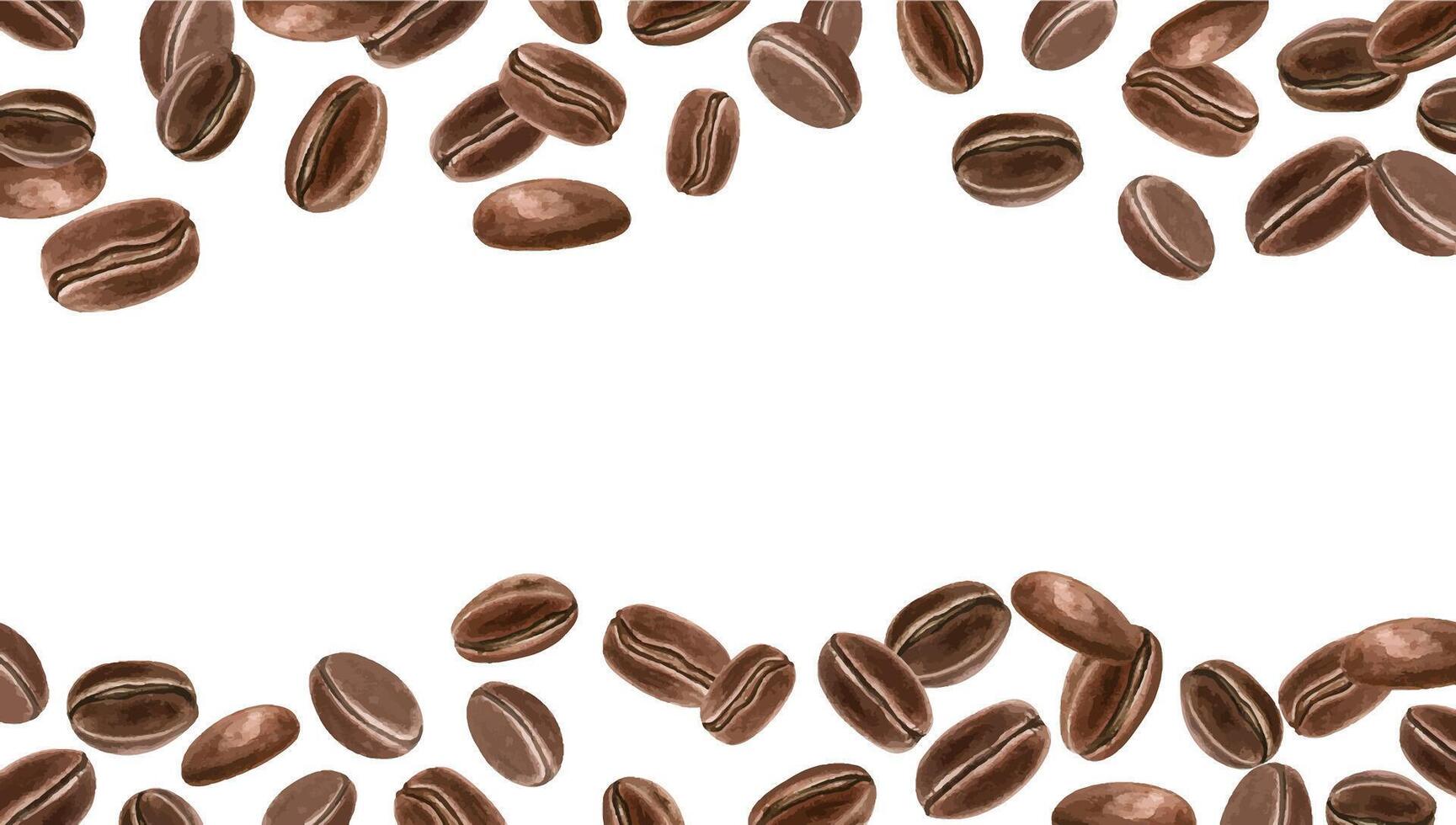 Dark roasted Arabica or Robusta coffee beans watercolor horizontal frame with empty space for text. Aroma ingredient for morning drinks illustration isolated background. For package, menu design vector
