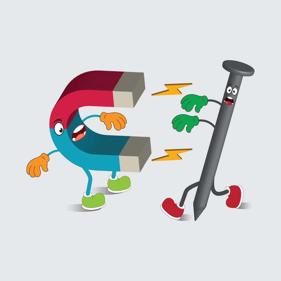 Magnet Attraction Fun Cartoon Illustration , A creative and humorous cartoon illustration depicting a U shaped magnet with expressive eyes and arms pulling in a frightened anthropomorphized nail. vector