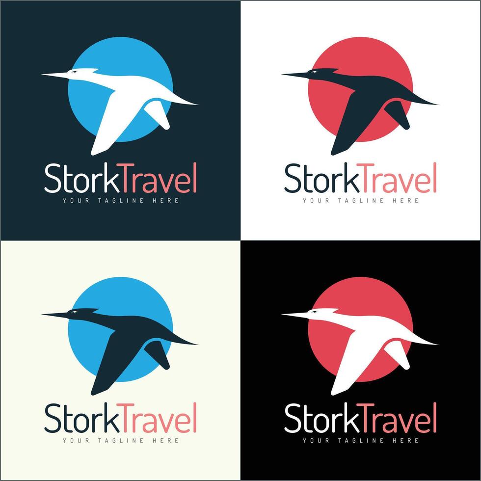 Stork flying silhouette travel logo set template design vector