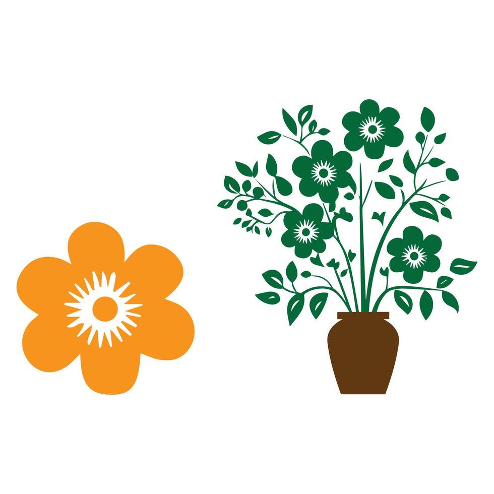 a flower and a vase with green leaves vector