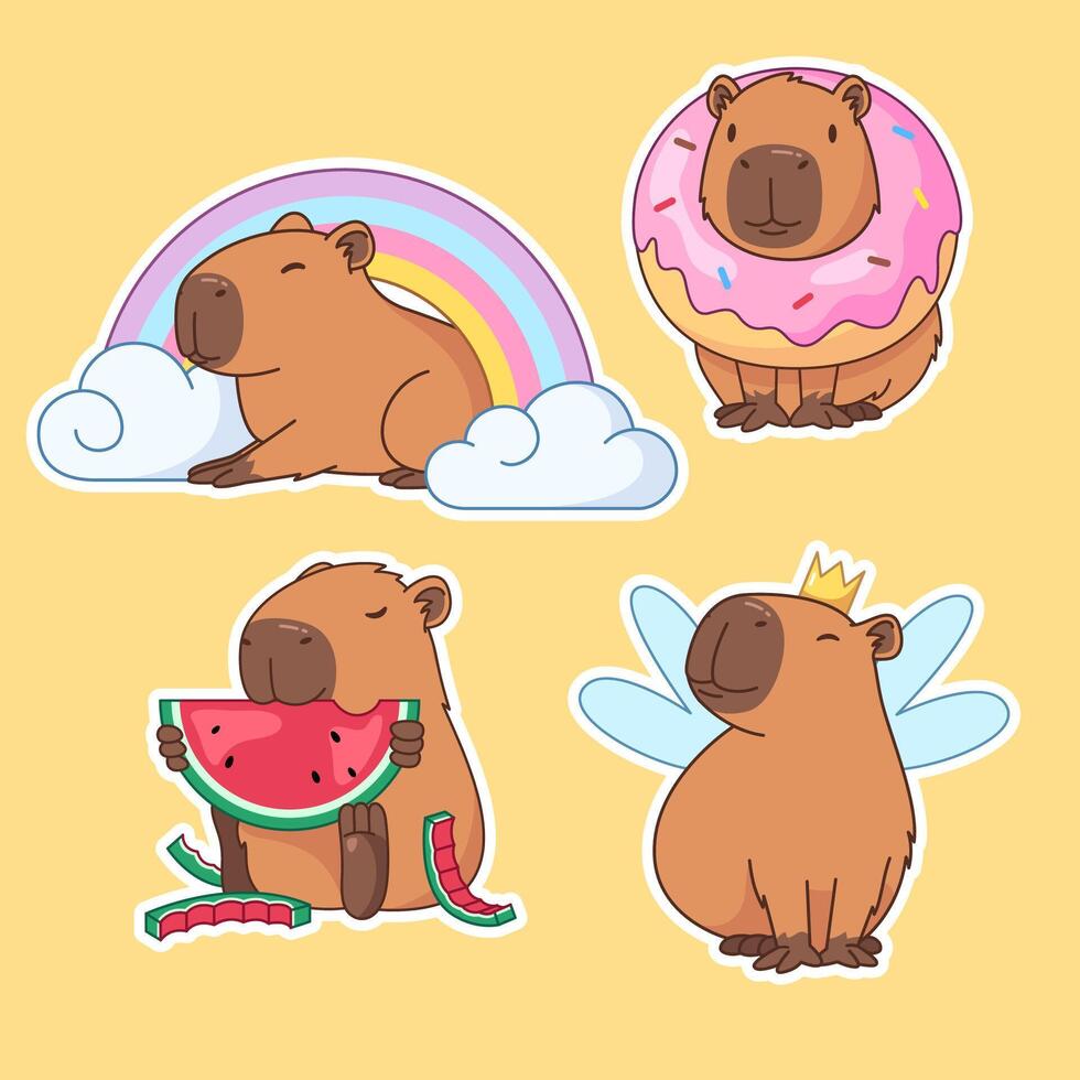 Capybara character, set of cartoon style illustrations vector