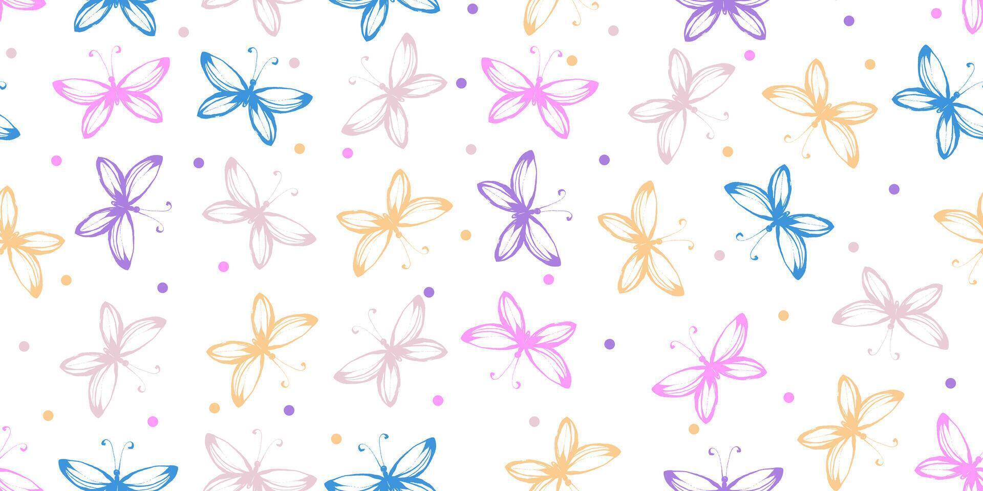 Flower Seamless Pattern with Elegant Hand Drawn Butterflies. Hand painted colorful pastel butterflies with grunge texture vector