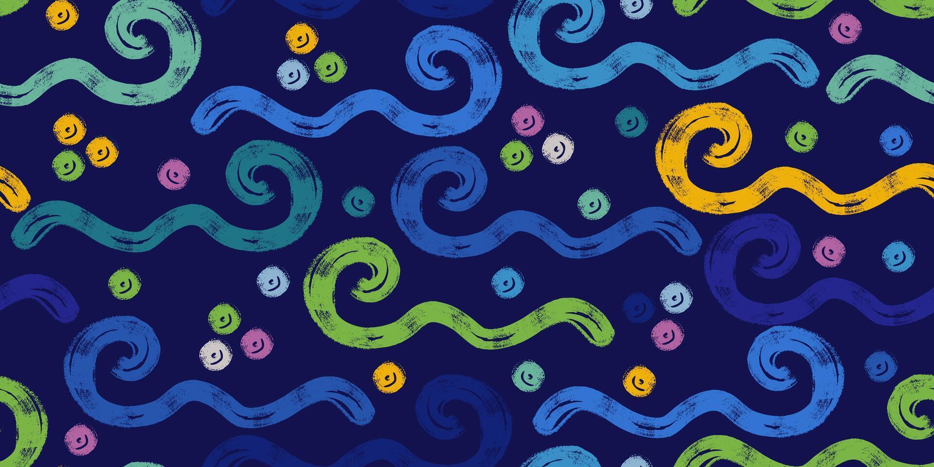 Grunge Abstract Wavy Shapes with Vibrant Colors in Retro Style Drawn with Bold Brush Strokes. Geometric background with blue waves. Playful and modern design drawn with thick lines vector