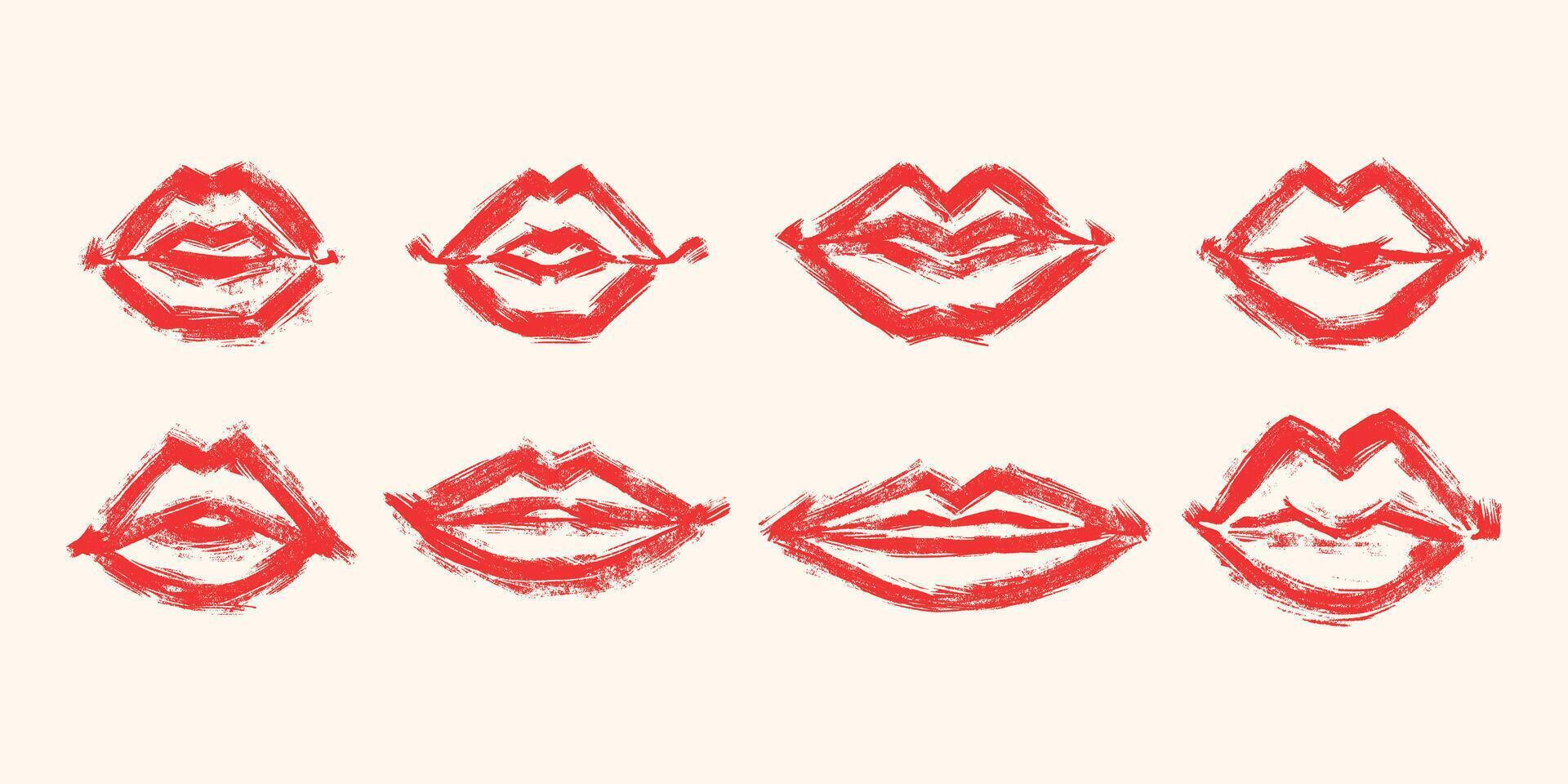 Hand Drawn Lips with Bulky Lines and Grunge Texture. Abstract and funny mouth collection isolated on white background vector